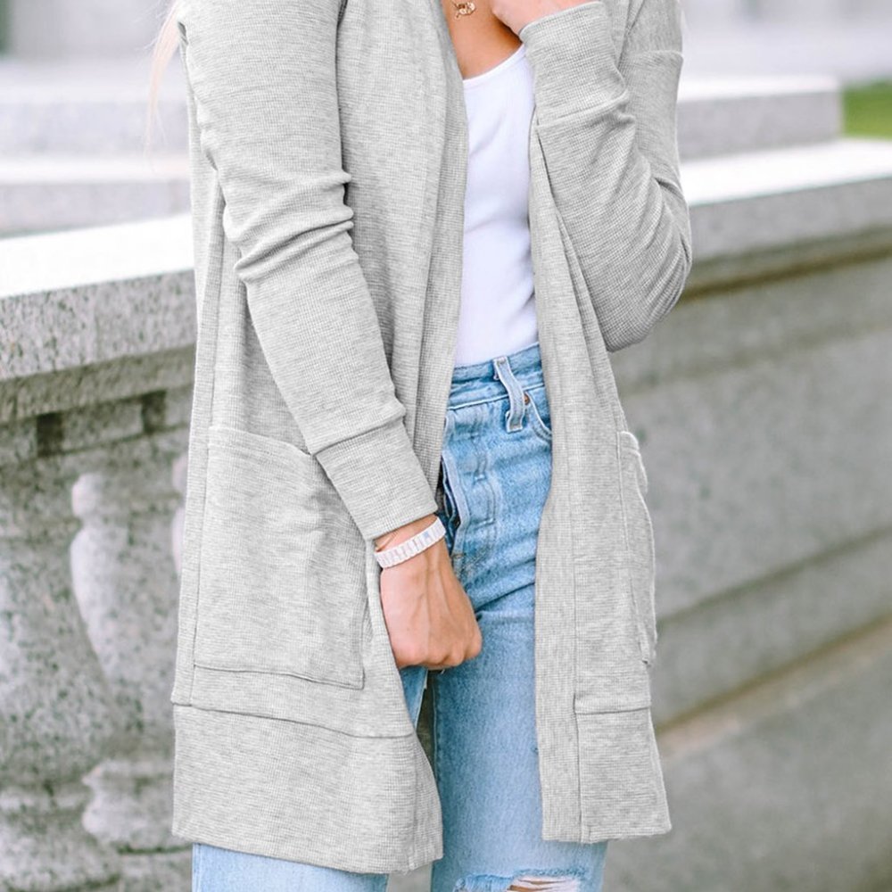 Light Gray Thermal Waffle Knit Open Front Pocketed Long Cardigan Fall Winter - Picture 3 of 10